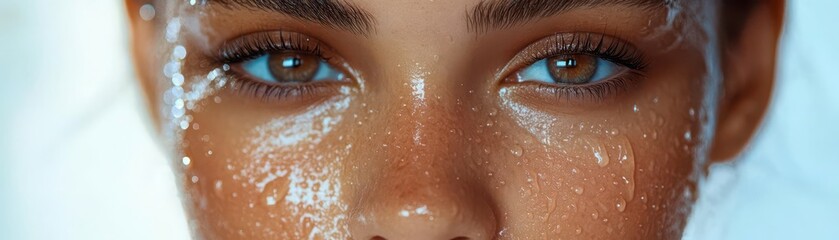 Detailed closeup of a woman using natural mist spray on her face, droplets glistening on skin, fresh and dewy glow, soft light
