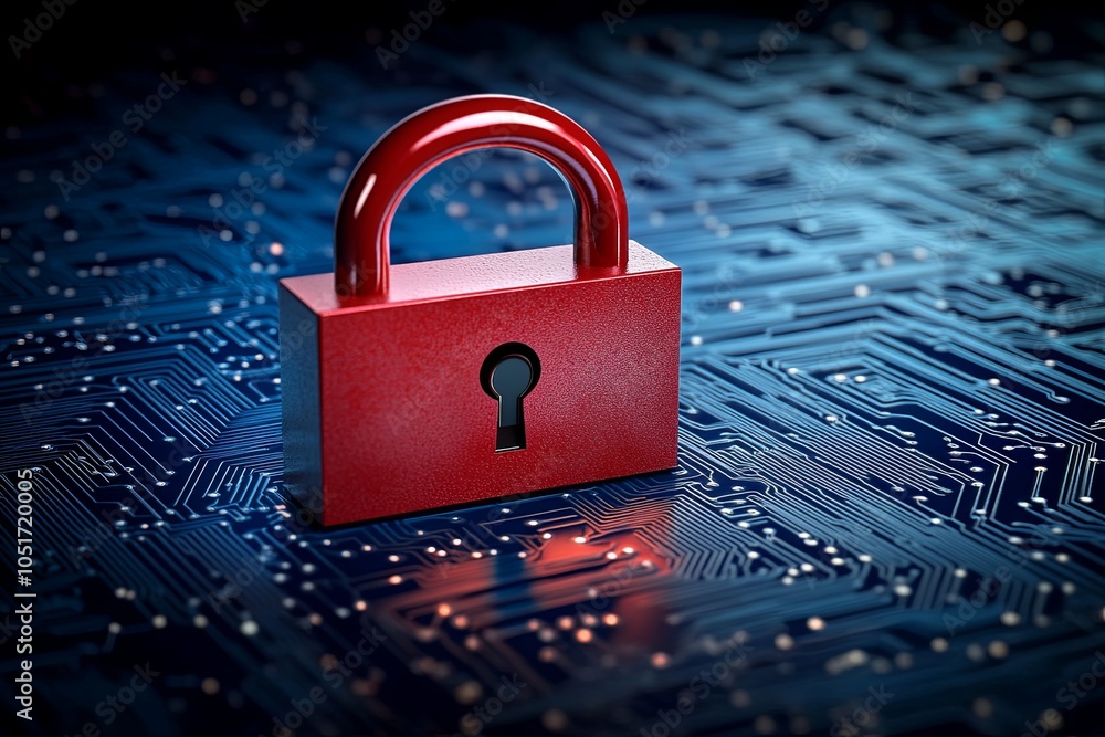 Poster a red padlock on a circuit board, symbolizing data security and digital protection.
