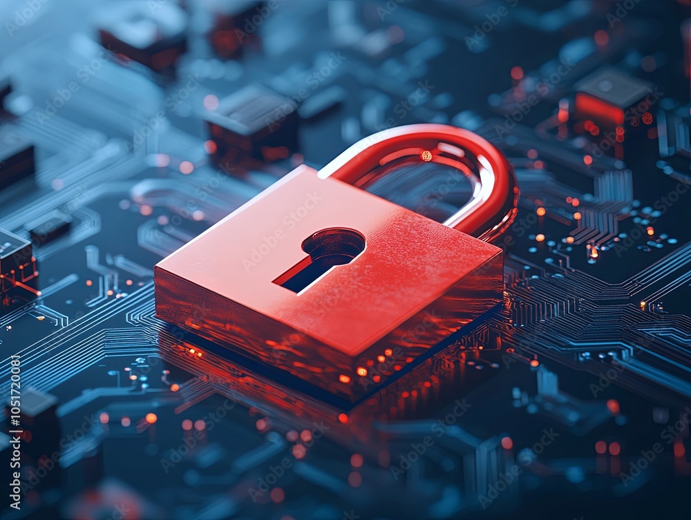 Poster a red padlock sits on a circuit board, representing cybersecurity and data protection.