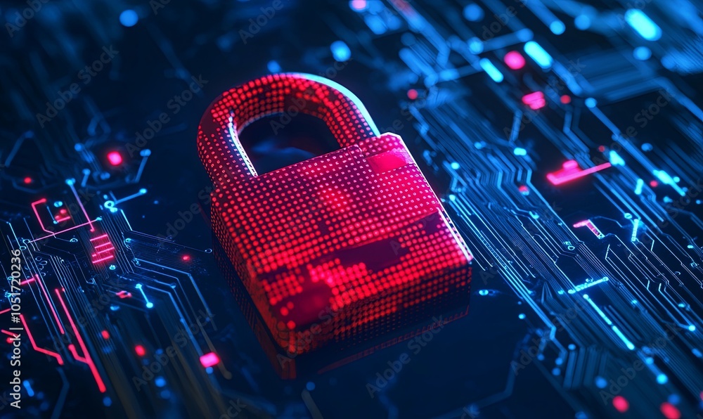 Poster a red padlock symbol is digitally rendered on a circuit board, representing cybersecurity.