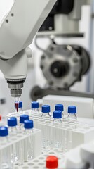 A robotic arm dispenses liquid into test tubes in a laboratory setting.
