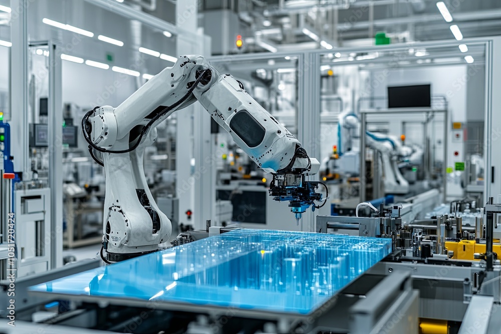 Poster a robotic arm in an automated factory production line.