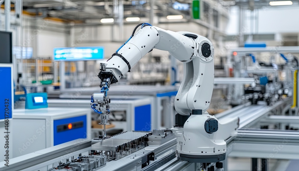 Poster a robotic arm is working on an assembly line in a factory.