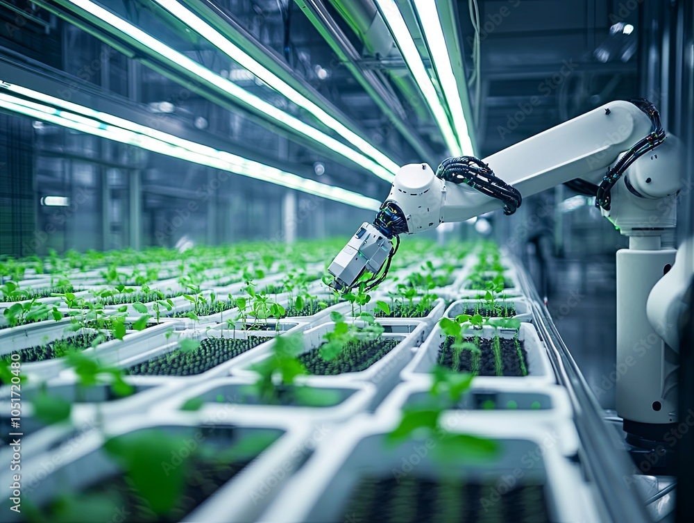 Poster a robotic arm tending to rows of seedlings in an automated greenhouse setting.