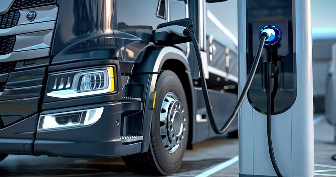modern electric truck charging at a gas station close-up