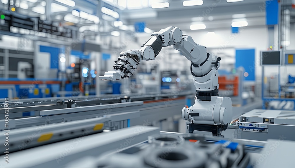 Poster a robotic arm works on an assembly line in a modern factory.