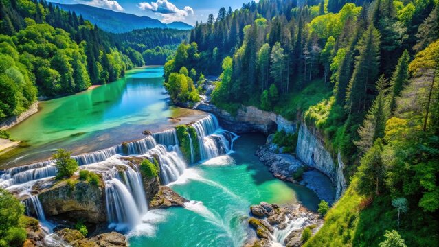 Stunning Aerial View of Lechfall in F&uuml;ssen, Germany - Captivating Stepped Waterfall Landscape, Drone Photography, Nature's Beauty, Scenic Views, Travel Destination, Adventure, Outdoor Exploration