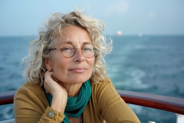 Fototapeta premium A mature woman with curly blonde hair and glasses smiles peacefully while looking at the ocean, enjoying a serene moment on a boat trip.