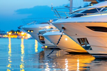 Naklejka premium Several luxurious yachts lined up in a marina at night, their bright lights reflecting on the calm water, creating a stunning, elegant nighttime scene by the sea.