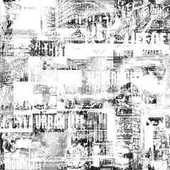 Fototapeta premium Abstract seamless pattern with newspaper headlines, concerned human eyes, urban landscapes. Chaotic vector background on the theme of city life in retro style. Wallpaper, wrapping paper, fabric design