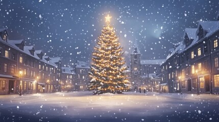 Naklejka premium Christmas tree glowing in snowy town square, festive atmosphere, winter scene