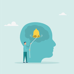 Reminder: Don't forget important information. Reminder concept. The bell is in the head, the character is pulling it. Vector illustration.	