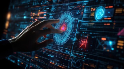 Fototapeta premium A futuristic hand interacting with a digital interface featuring glowing graphs and holographic elements.