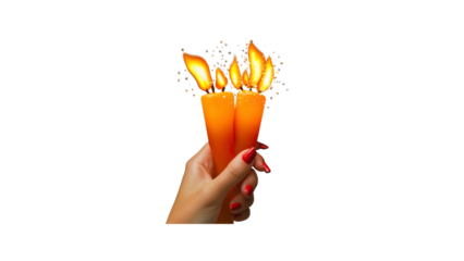 Woman's Hand Holding Burning Candles with Red Nail Polish