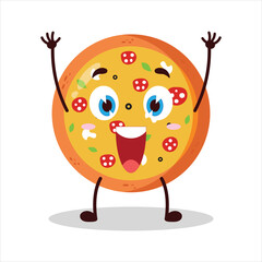 cute rise hand happy expression of pizza character