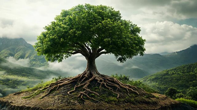 A large tree stands tall on a hillside, its roots spreading out over the ground, with a view of rolling hills and fog in the distance