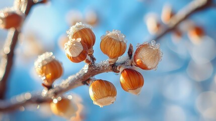 Hazelnut tree branches laden with ripe nuts, glistening under morning dew against a bright blue sky.