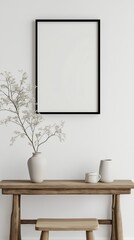 Fototapeta premium Scandinavian room interior with mock up photo frame on the brown bamboo shelf with beautiful plants in differents hipster and design pots. White walls. Modern and floral concept of shelfs