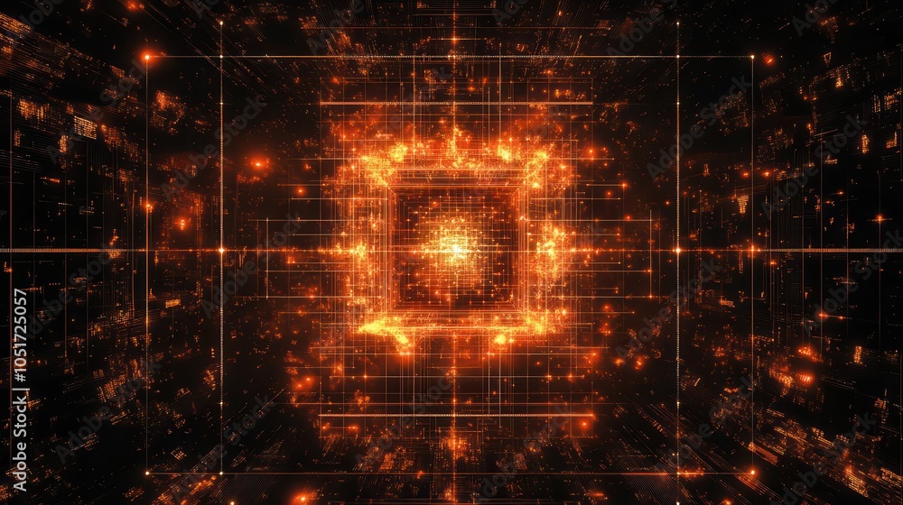 Poster abstract glowing orange fractal design on a dark background, representing digital data and advanced 