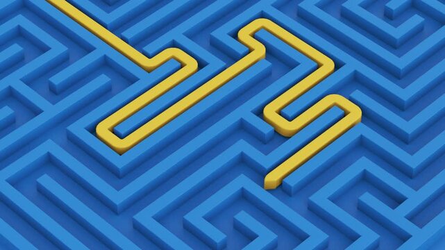 Maze isometric view and yellow line drawing from enter to exit. Labyrinth idea of finding solution, achieve goal, fix the problem and symbol of way to success.