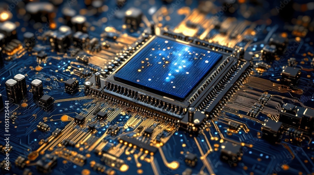 Poster close-up of a microchip on a circuit board, showcasing intricate details and glowing elements, highl