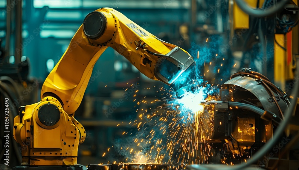 Poster an industrial robotic arm welding a metal part in a factory setting. the robot is yellow and has a w