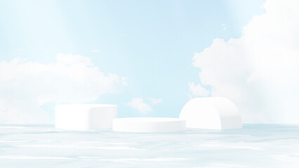 Fototapeta premium Sky-blue background with soft clouds, creating a minimalistic 3D display for a summer cosmetic product presentation. for highlighting beauty products in a fresh and natural atmosphere