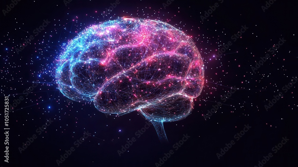 Poster colorful digital representation of a brain, showcasing cognitive functions and neural connections ag