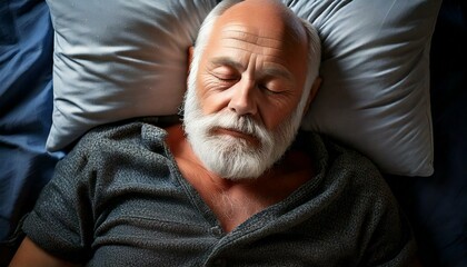 Obraz premium Bald old man with gray beard sleeping in his bed