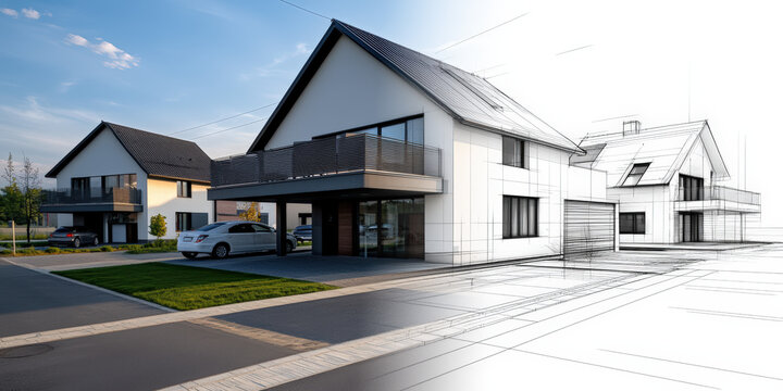 Rendu 3D de l'architecture d'une maison avec superposition d'un croquis et photo