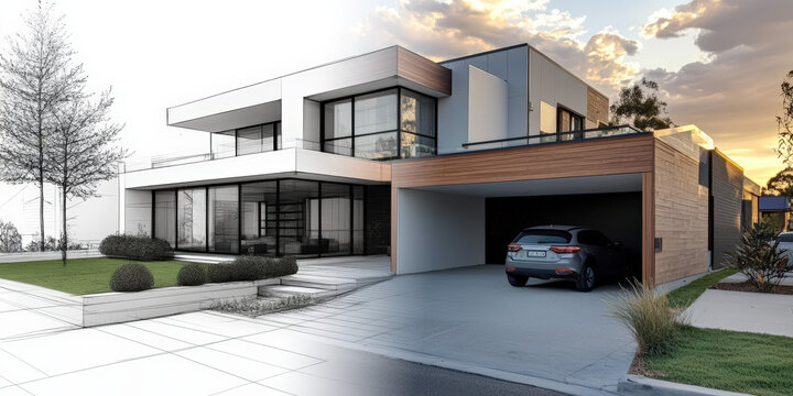 Rendu 3D de l'architecture d'une maison avec superposition d'un croquis et photo