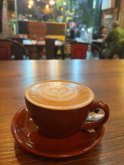A cup of coffee with latte art in a cafe with an autumn atmosphere