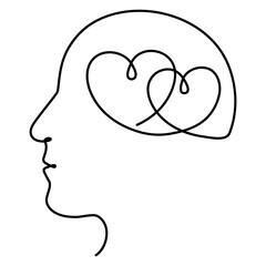 Head with two hearts inside continuous line drawn. Falling in love concept. Vector illustration isolated on white.