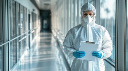 Fototapeta premium Doctor in full PPE walking down a clean hospital hallway, holding a medical chart