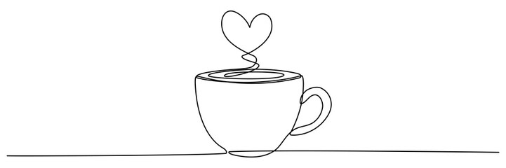 Coffee cup with heart shape continuous line drawn. Vector illustration isolated on white.
