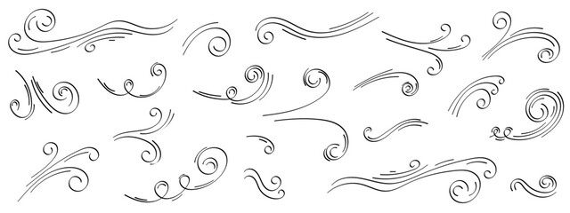 Set of simple black and white line art illustrations depicting various wind currents and swirls