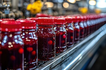 Rows of Red Glass Jars Filled with Preserved Fruit
