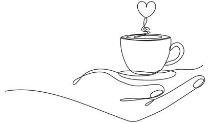 Coffee cup with heart shape continuous line drawn. Vector illustration isolated on white.