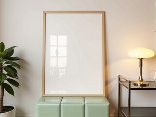 blank vertical poster in light oak frame on pastel green ceramic cube stand with retro lamp, cozy...