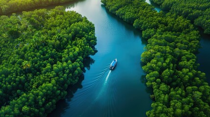 A lone boat gliding through a tranquil, meandering river bordered by vibrant, green forest