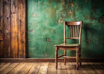 Vintage Wooden Chair Against Distressed Green Wall - Rustic Interior Decor Photography
