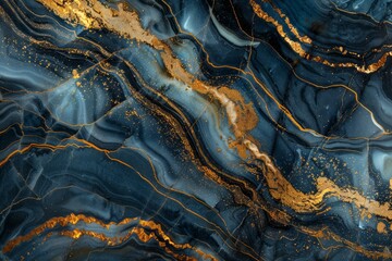 Image of Navy blue dark marble pattern with golden veins. Texture for background usage