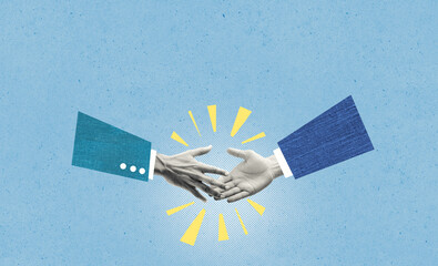 Creative collage illustration of financial business. Two businessmen shaking hands for partners agreement. Conceptual illustration of success deal, corporate ethic, connection.