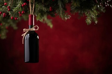 Bottle of wine hanging on Christmas tree, dark red background with copy space. Concept: New Year, festive celebrations, for wine shop, winery