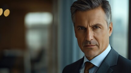 Naklejka premium European CEO headshot at an office, confident and focused expression, wearing formal attire