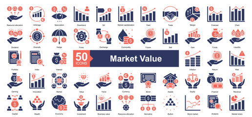 Market Value icon collection set. Containing Resource allocation, Arbitrage, Speculation, Downtrend, Ipo, Market capitalization, Yield, Trade, Margin icon. Simple dual tone illustration.