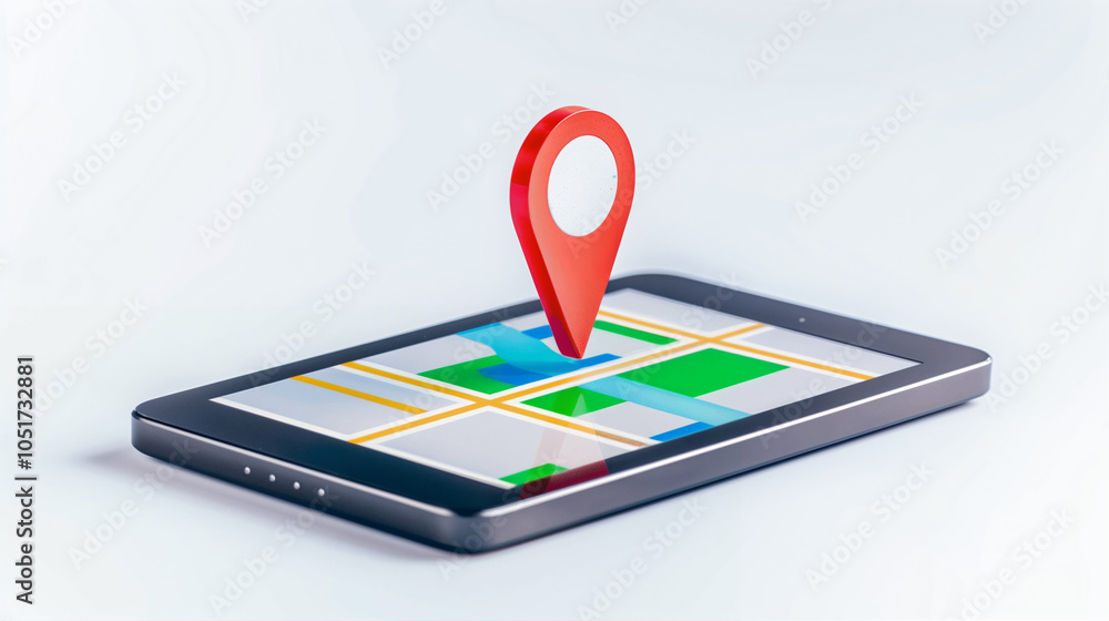 Poster smartphone with map displaying location marker and navigation for travel and exploration