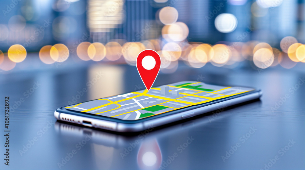 Poster smartphone with map application and mobile navigation showing location marker with blurred city back