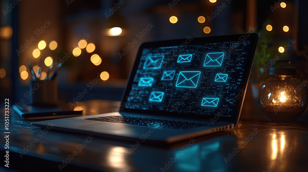 Poster the workspace features a laptop with illuminated email notifications, surrounded by soft lights and 