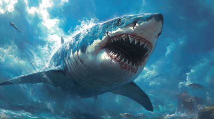 Obraz premium A giant shark leaps from the water with its jaws open, displaying formidable teeth against a backdrop of sparkling ocean waves and distant fish